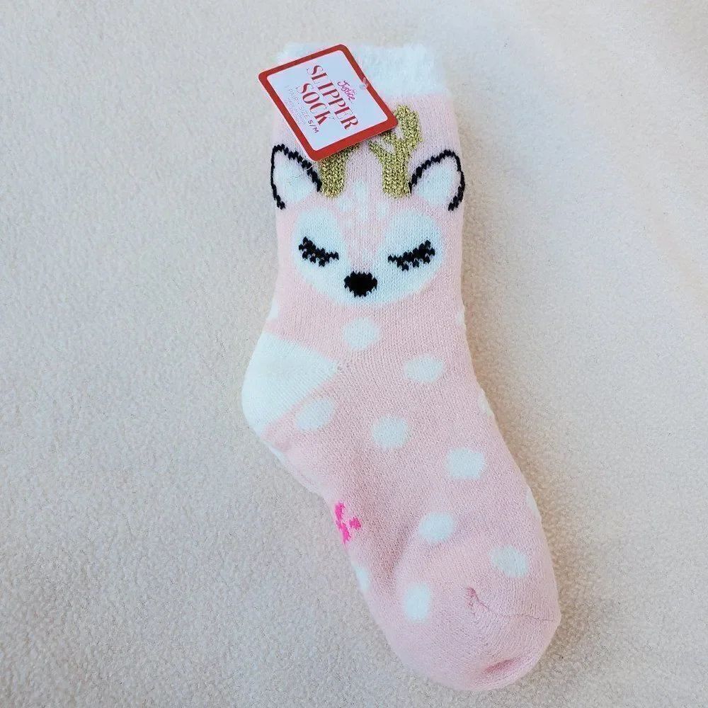 Justice pink and white reindeer slipper socks